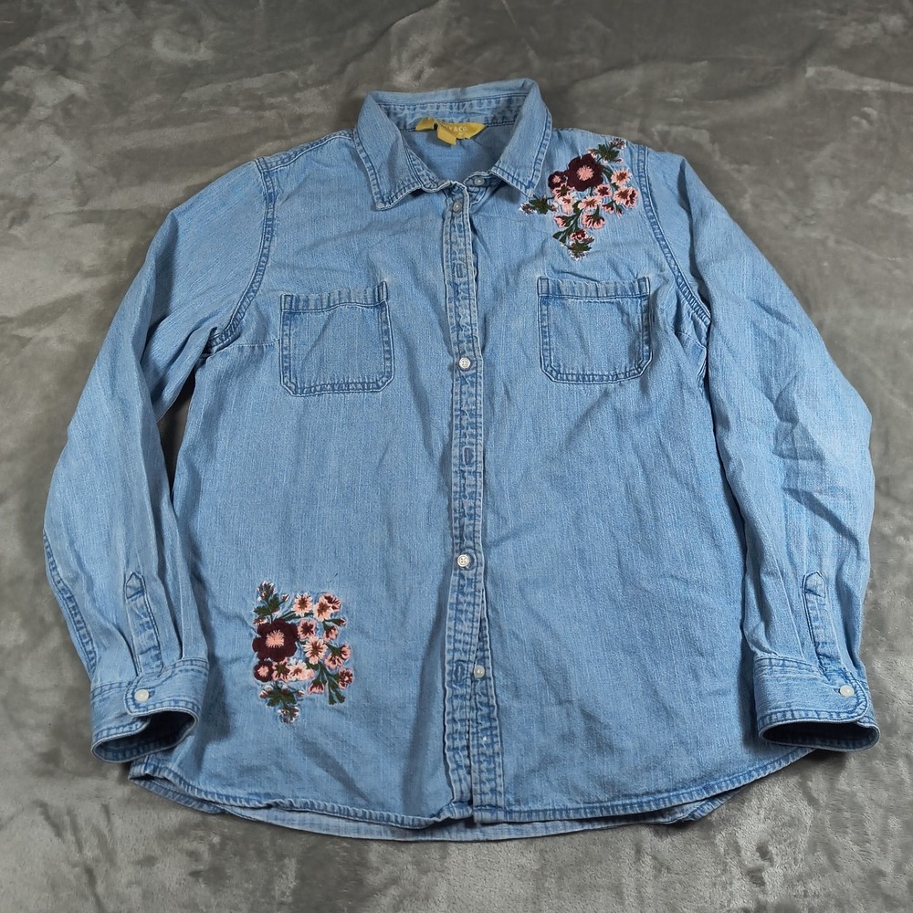 Roebuck Co Denim Shirt Womens XL Floral Embroidered Button Up Western Southwest